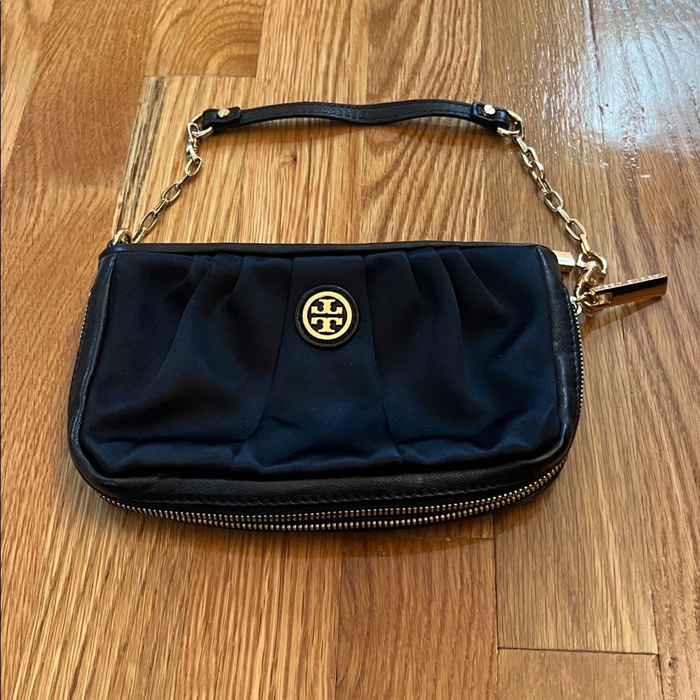 Tory Burch Black Satin Clutch with Gold Accents